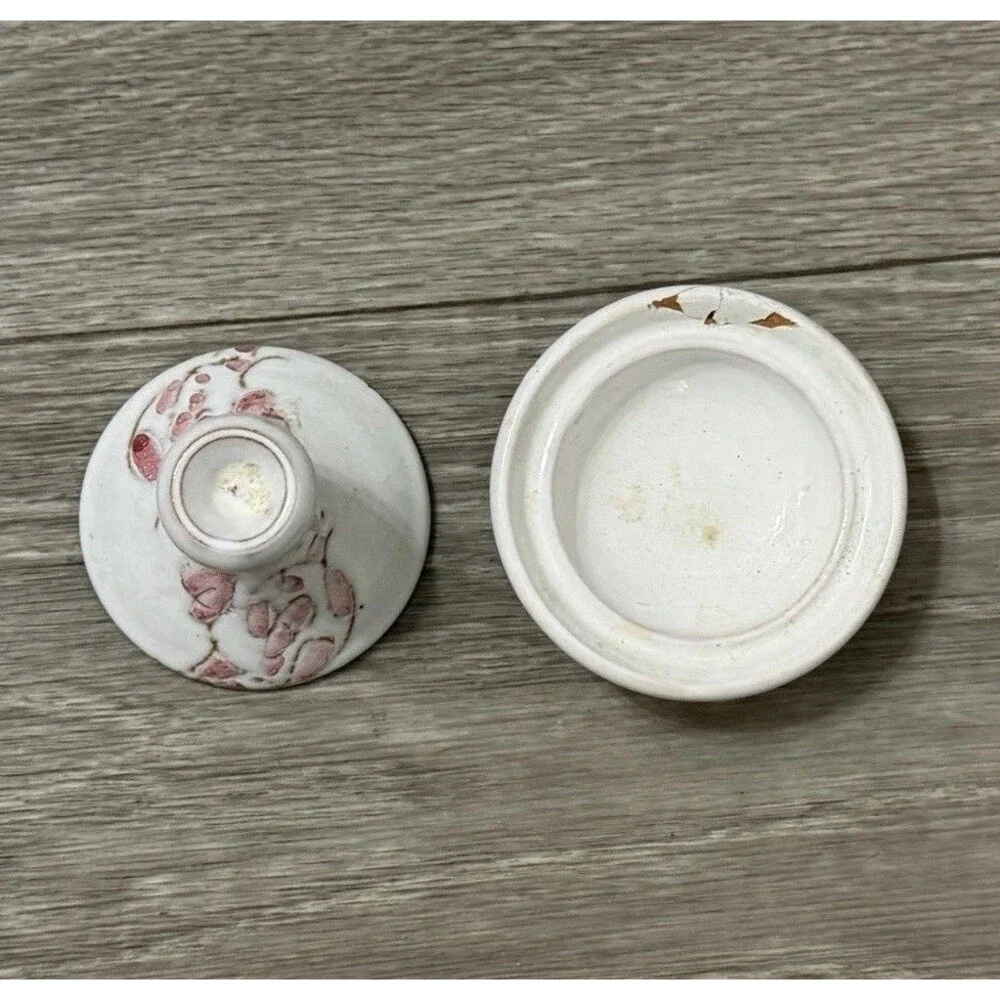 Vintage Small Clay Tagine White W/ Pink Flowers Handmade & Signed BROKEN - READ